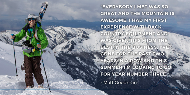 “Everybody I met was so great and the mountain is awesome. I had my first experience with back- country equipment and was given tips from the best in the business. I've gone for the past two years in a row and this summer i'm looking to go for year number three.” - Matt Goodman